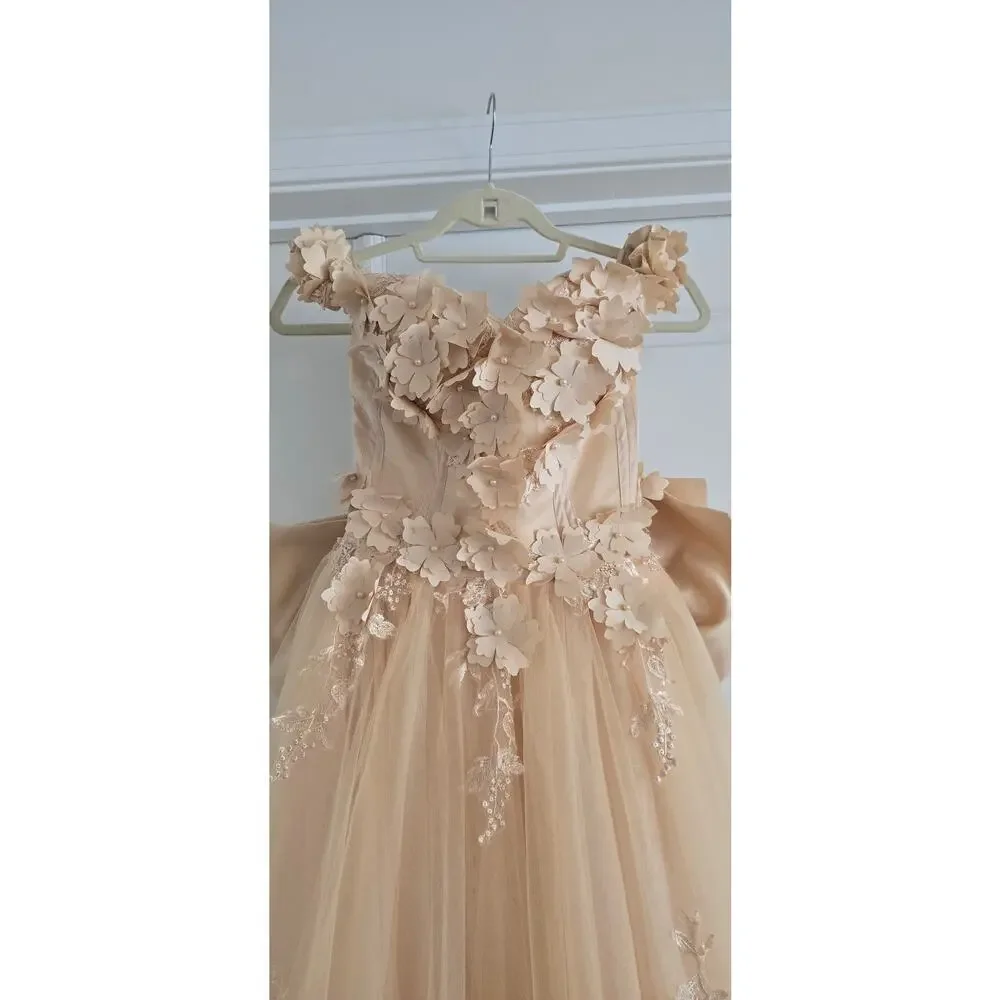 Champagne 3D Floral Quinceañera Ball Gown Lace Beaded Off Shoulder Dress Size 00 - Picture 4 of 6